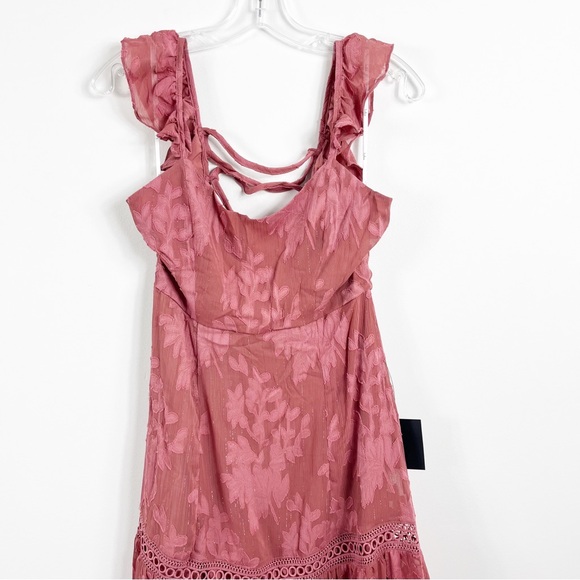 Lulus Floral Lace Up Cap Sleeve Tiered Maxi Dress NWT Marsala Shiny Rose Mauve - Picture 2 of 6